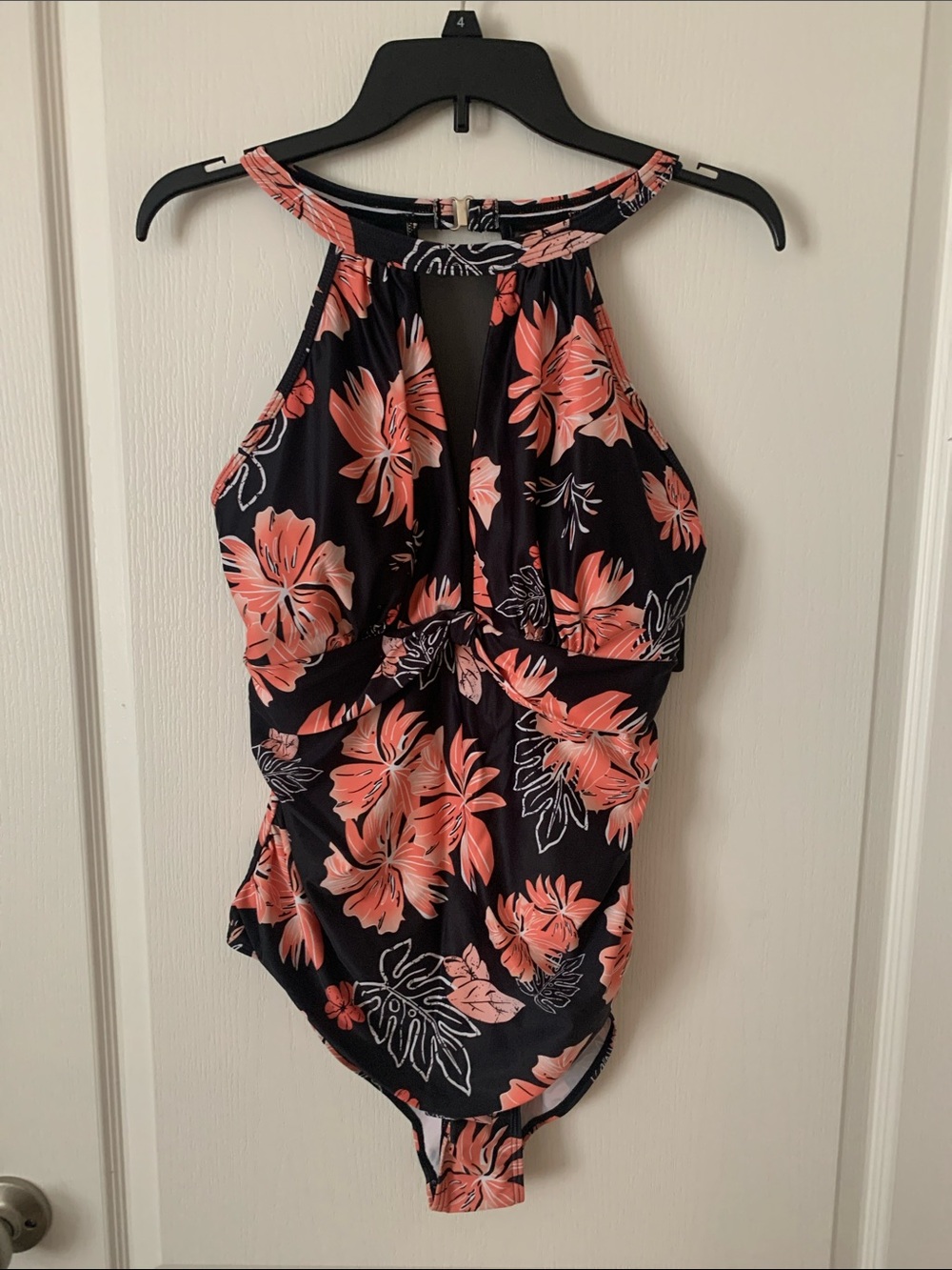 Halter Floral One-Piece Swimsuit in Coral on Black XL